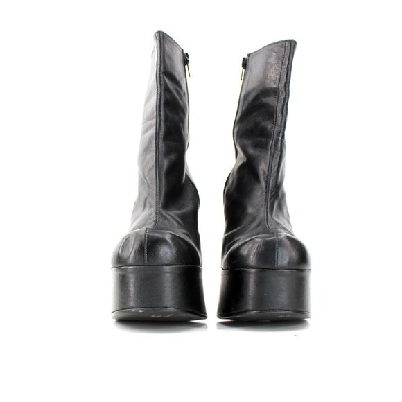 VTG 90s Luichiny Platform Boots Black Leather Mid-calf Spool Heel Round  37/7.5 - Picture 4 of 16